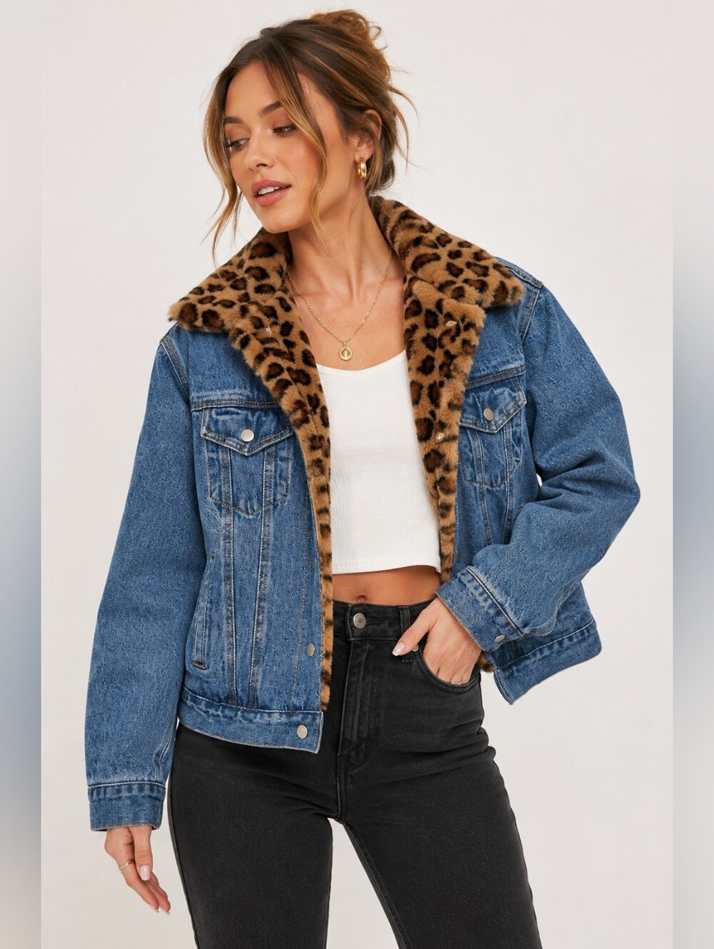 Adika Leopard Faux Fur Lined Denim Trucker Jacket Medium
